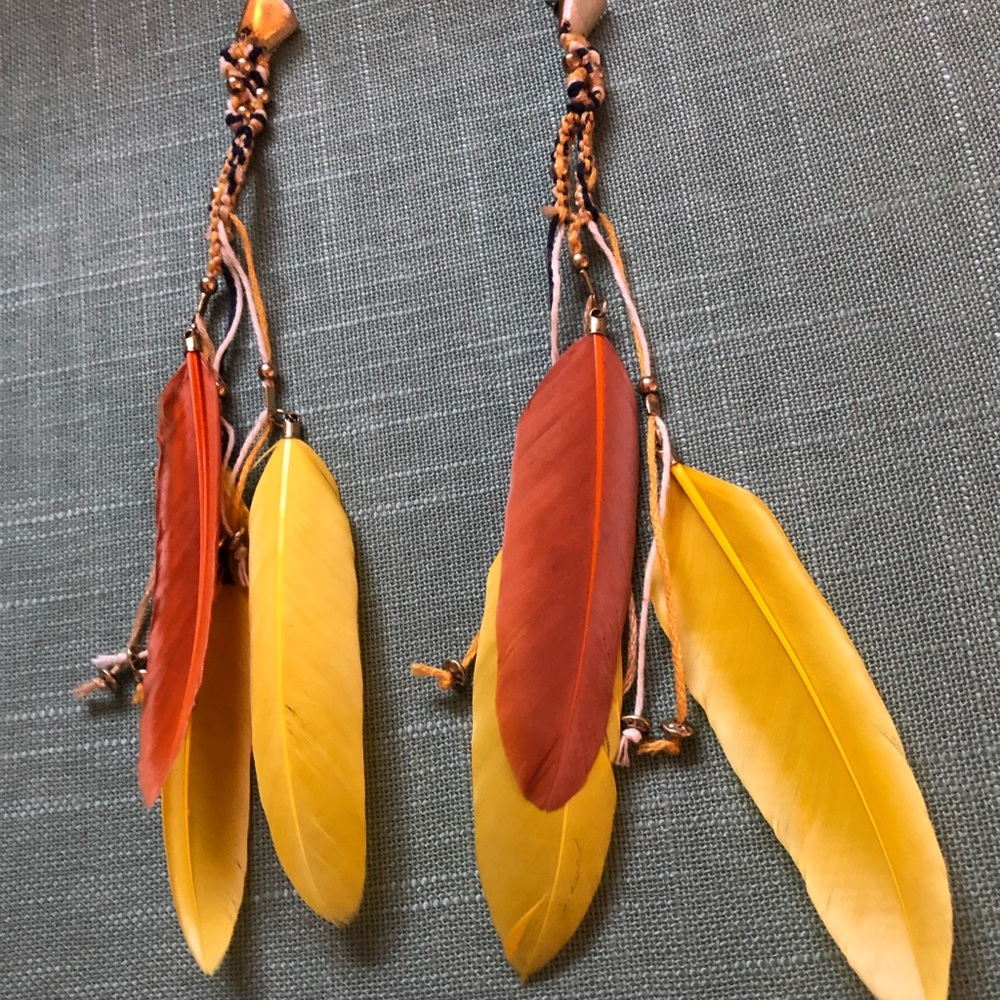 Free people yellow and brown feather earrings